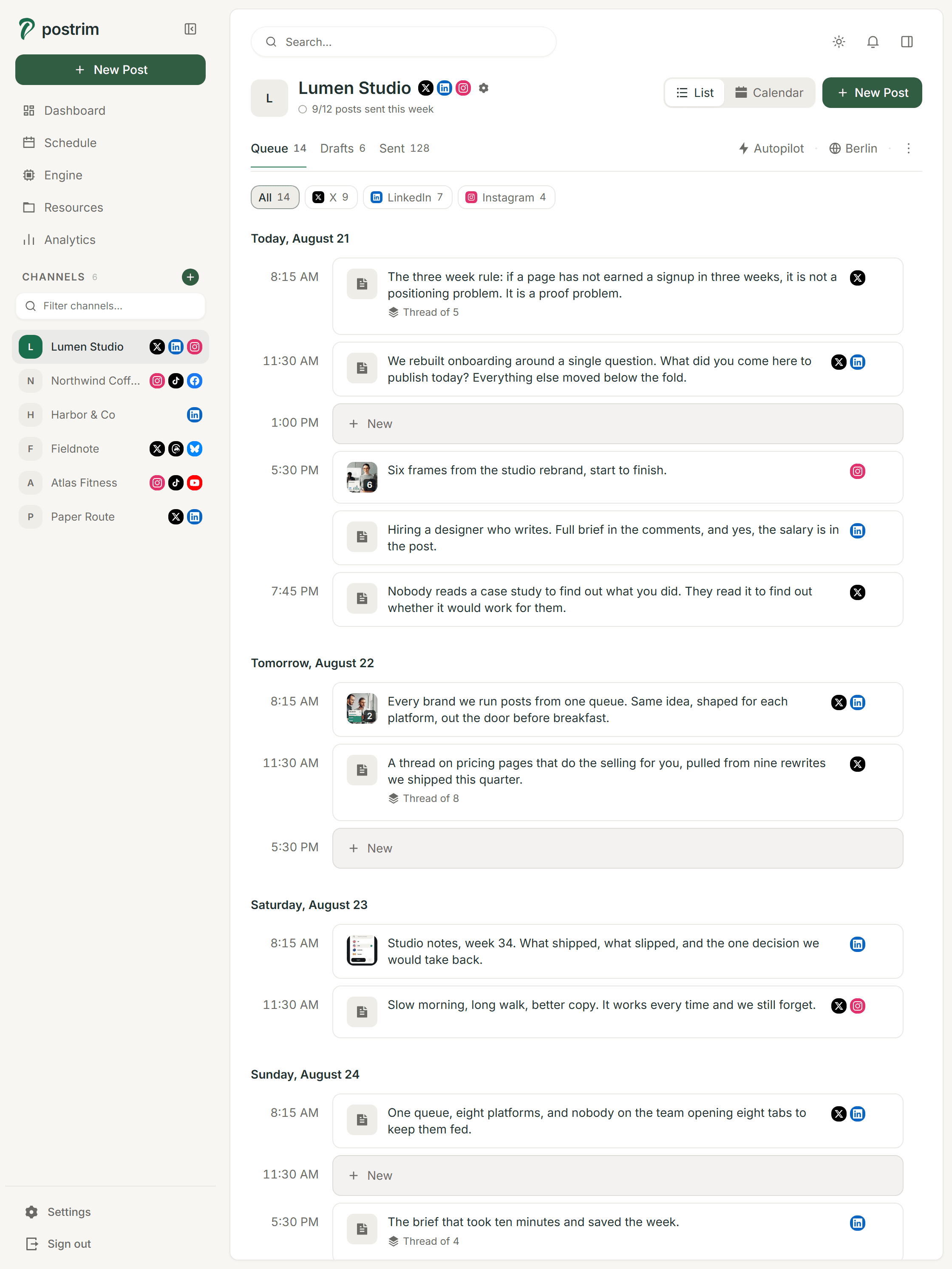 A week of posts queued for one brand, going out to X, LinkedIn and Instagram