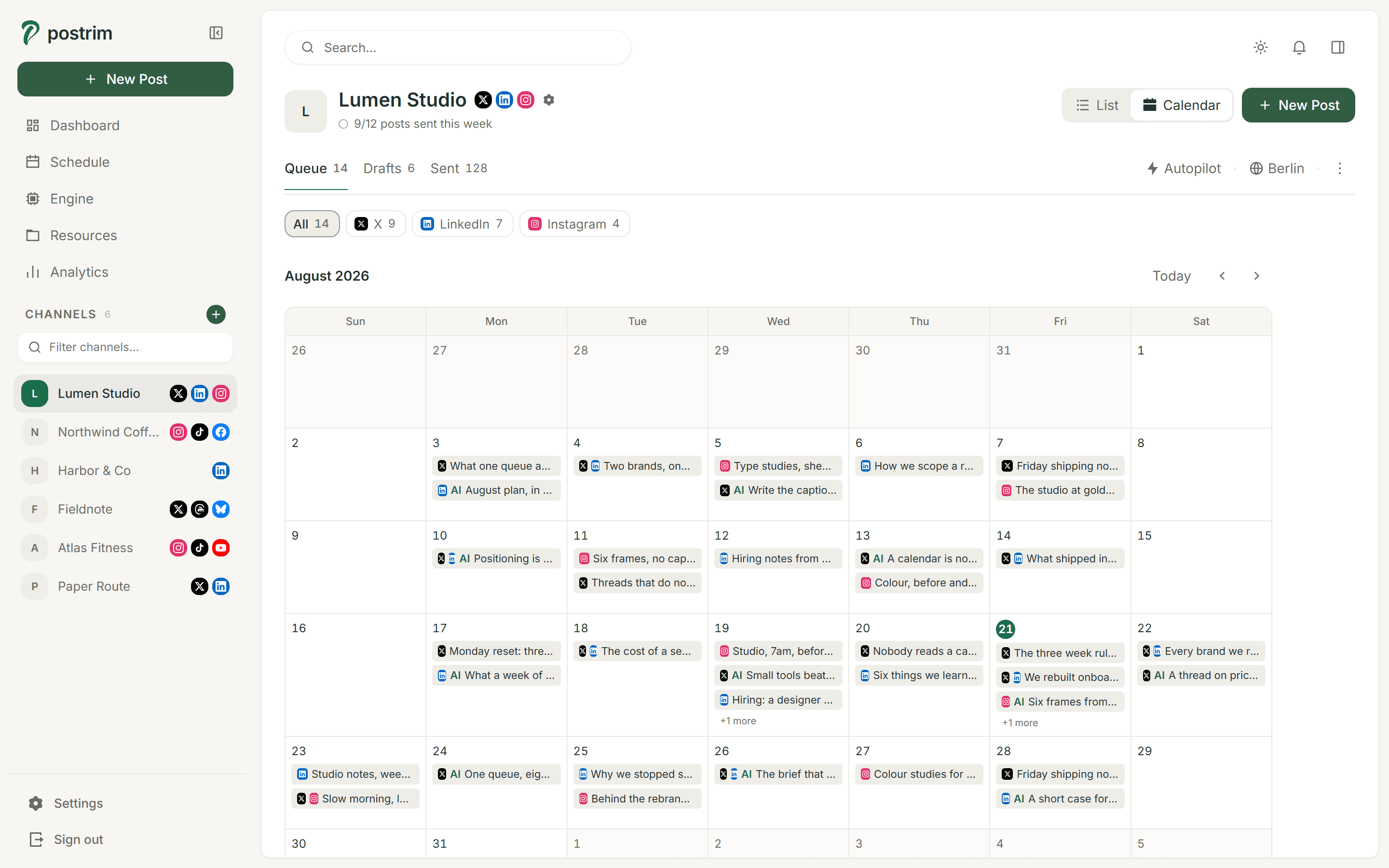 A month of scheduled posts, with the slots autopilot filled marked AI