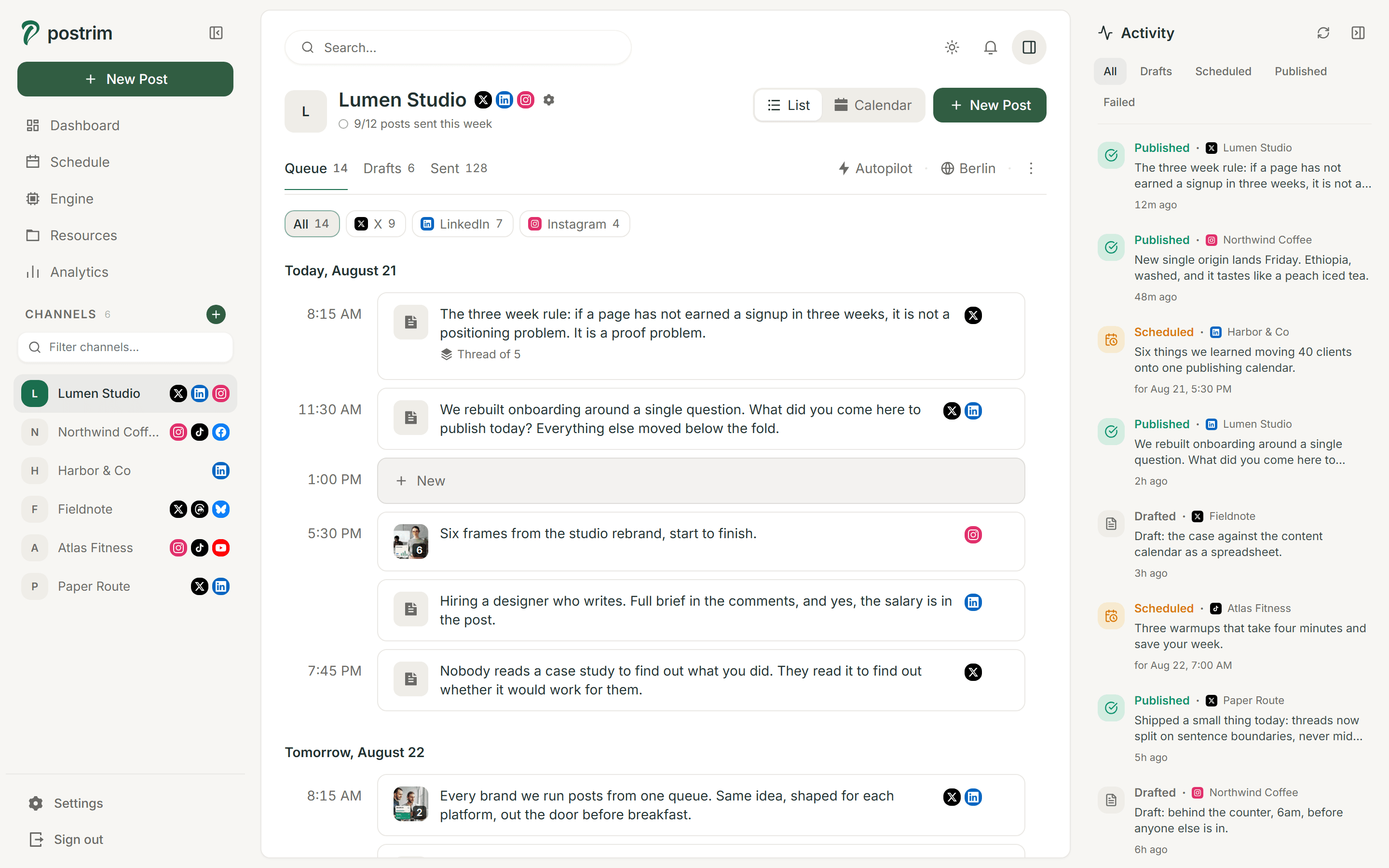 A week of posts queued for one brand, going out to X, LinkedIn and Instagram